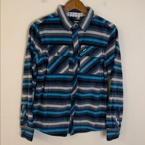 Tony Hawk fleece shirt jacket Blue Gray Teal horizontal stripes pockets SZ LG